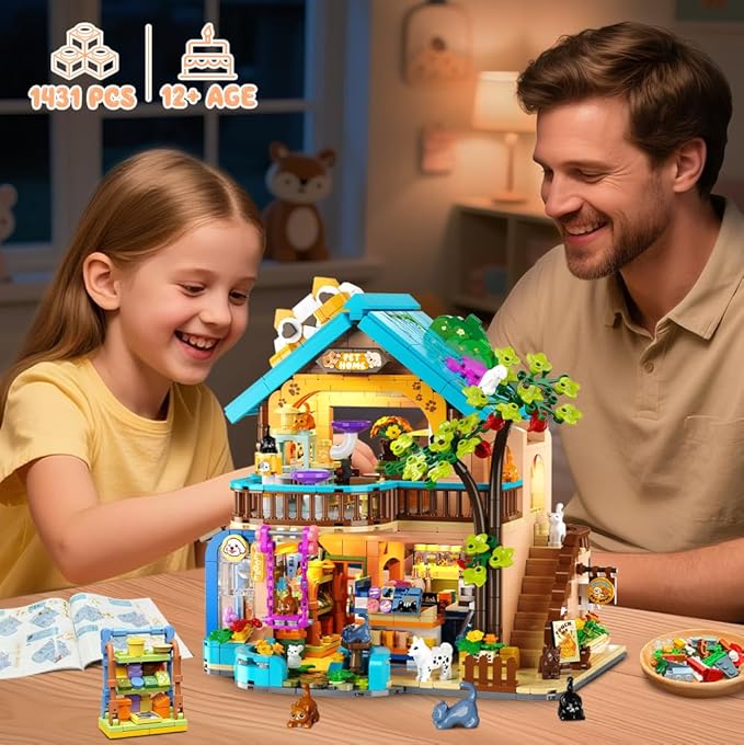 City Pet Shop Building Set with Lights Cozy Pet Store Construction Toy with Cats Dogs Cute Animal Store Miniature House Model Building Block Kit for Adults Kids Boys Girls Ages 8-12+