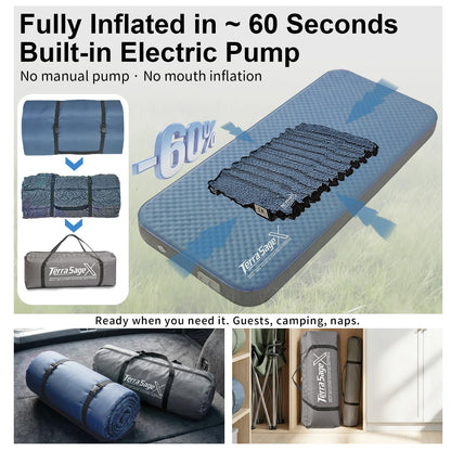 Terra Sage X Hybrid Comfort Camping Air Mattress, Self-Inflating Memory Foam Sleeping Pad with Built-in Electric Pump, 4.5" Thick Insulated Support for Bed-Like 4-Season Tent Sleep(Single,Blue)