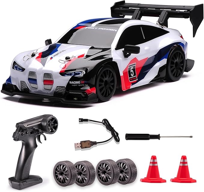 1:24 Scale RC Drift Car4WD 2.4GHz High Speed Racing Hobby Sport Toy Car Vehicle with LED LightsRacing and Drift Wheels for Adult Boys Girls Kids Gift (8605-White)