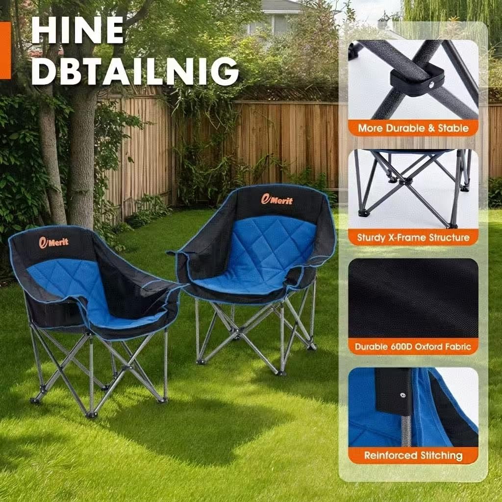 EMERIT 2 Pack Oversized Padded Camping Chairs, Heavy Duty 450 LBS Capacity Outdoor Folding Quad Chair with Cup Holder, Portable for Camping, Tailgating, Sports, Backyard & Patio, Black