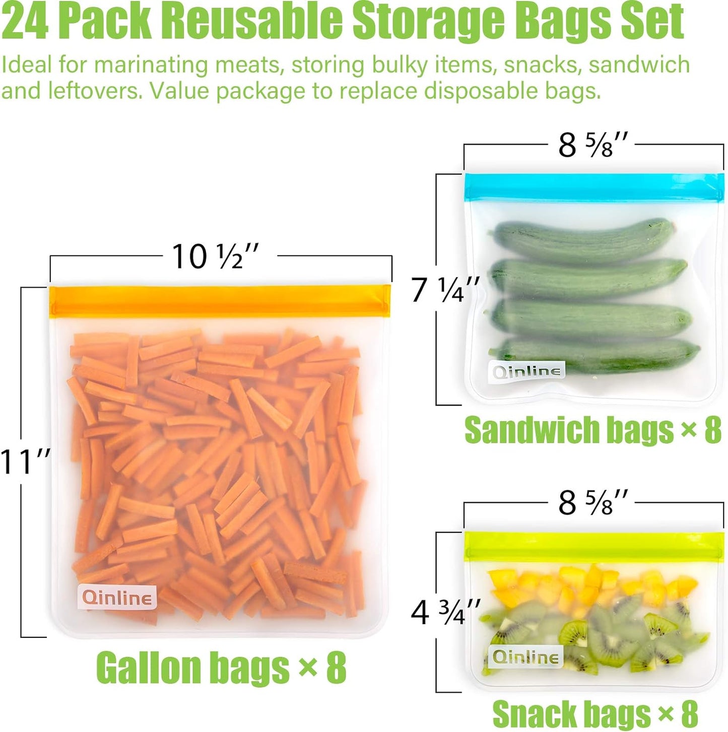 Reusable Food Storage Bags - 24 Pack Freezer Bag, Reusable Bags Silicone, Extra Thick Leakproof Lunch Bag