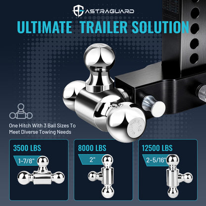 Astraguard Adjustable Trailer Hitch Fit 2 Inch Receiver, Tri-Ball (1-7/8", 2", 2-5/16") Heavy Duty Aluminum Tow Hitches with 6 Inch Rise/Drop for Truck (12500 LBS GTW)-Weatherproof & Anti-Theft