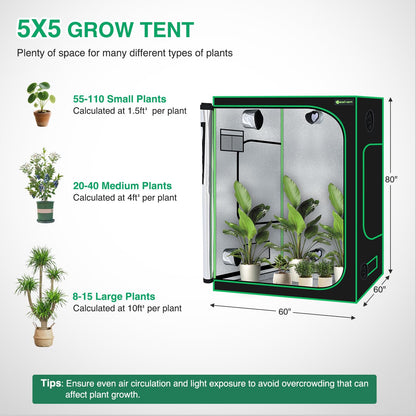 Yesker 5x5 Grow Tent 60"x60"x80" High Reflective Mylar Large Indoor Growing Tents 600D Oxford Cloth with Observation Window and Removable Floor Tray for Hydroponics Indoor Plants Fruit Flower Growing