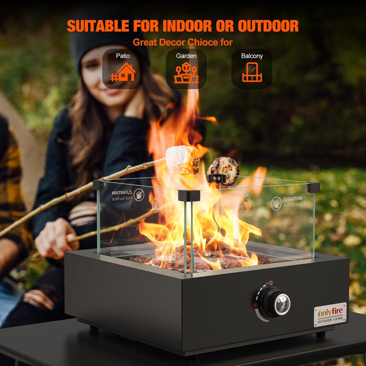 ONLYFIRE OUTDOOR LIVING Portable Propane Gas Fire Pit Bottom-Mounted for Table with Umbrella Hole, Tabletop Smokeless Firepit with Wind Guard for Patio Camping RV Tailgating, 23000BTU, Square FP041