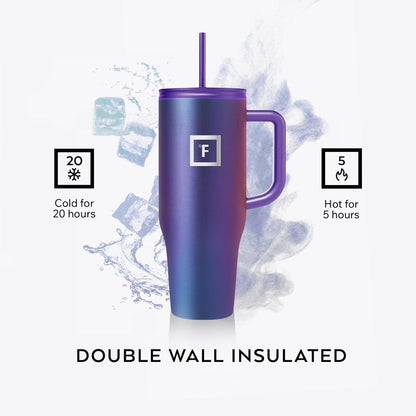 IRON °FLASK Co-Pilot Insulated Mug w/Straw & Flip Cap Lids - Cup Holder Bottle for Hot, Cold Drink - Leak-Proof - Water, Coffee Portable Travel Mug - Cobalt Blue, 40 Oz