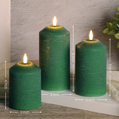 Girimax Green Christmas Flameless Pillar Candles with Remote, LED Wax Candles Battery Powered Flickering Set of 3