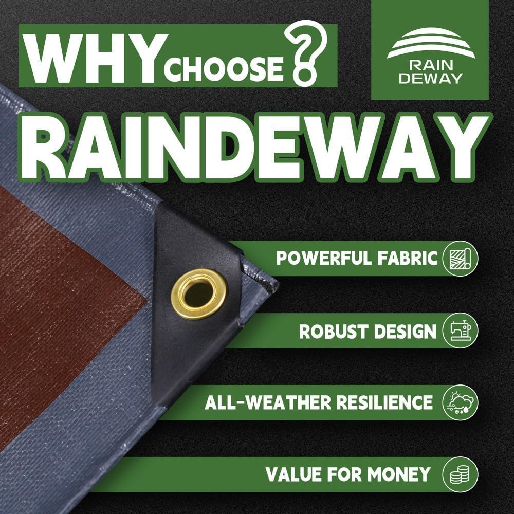 RAINDEWAY 12x30 Feet Super Heavy Duty Tarp 18 Mil, UV Resistant, Weatherproof, Multipurpose Waterproof Poly Tarp with Grommets and Reinforced Edges, Brown/Gray Tarps