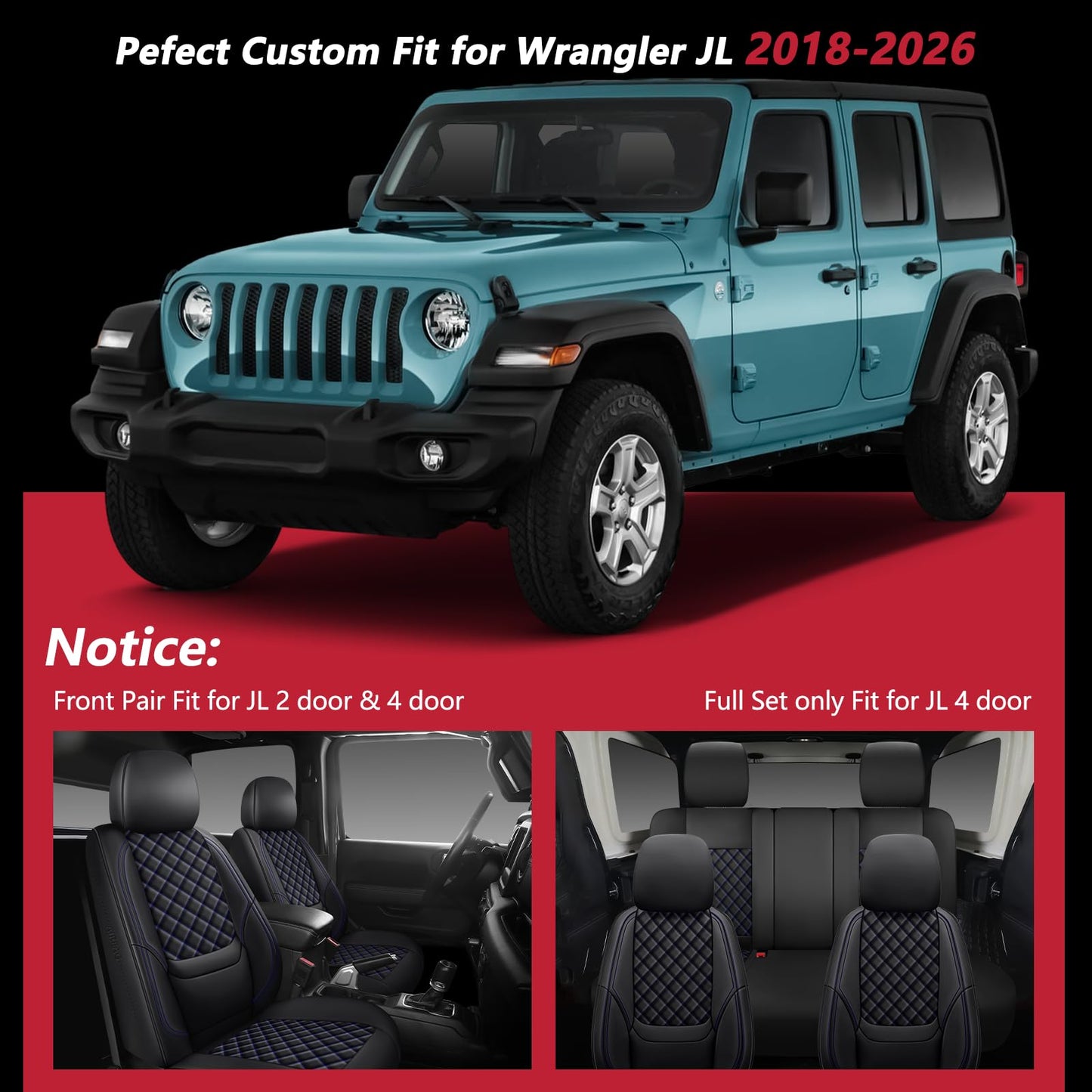 WENNFOUR Wrangler Seat Covers 2018-2026 Full Set, Waterproof Leather Interior Sets with Lumbar Support Custom Fit for Jeep Wrangler JL 4 Door Unlimited Sahara/Sport/Rubicon X 392 Willys, Black Blue