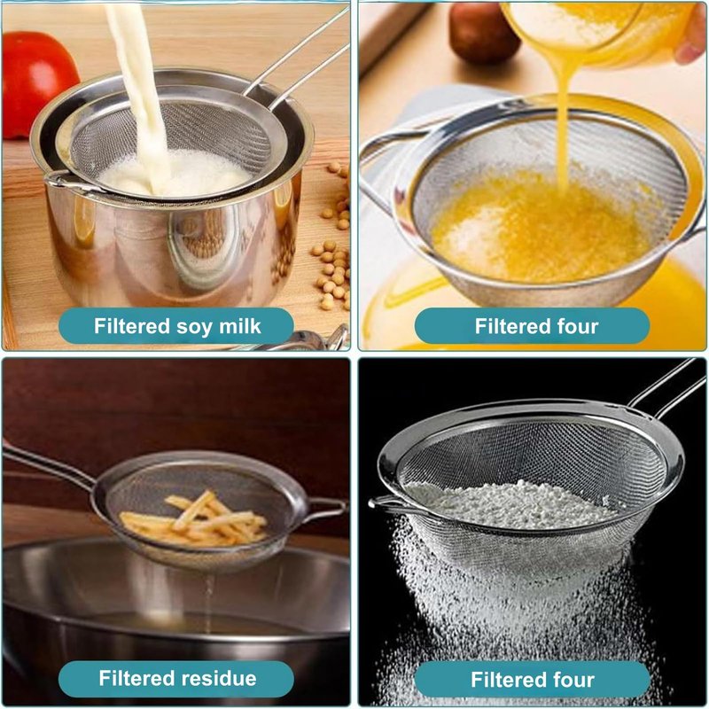 3Pcs Stainless Steel Fine Mesh Strainer Set (Small/Medium/Large) – Metal Sieve Sifter with Handle, Ideal for Rice/Juice/Quinoa/Flour, Kitchen Baking & Straining Tools