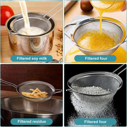 3Pcs Stainless Steel Fine Mesh Strainer Set (Small/Medium/Large) – Metal Sieve Sifter with Handle, Ideal for Rice/Juice/Quinoa/Flour, Kitchen Baking & Straining Tools