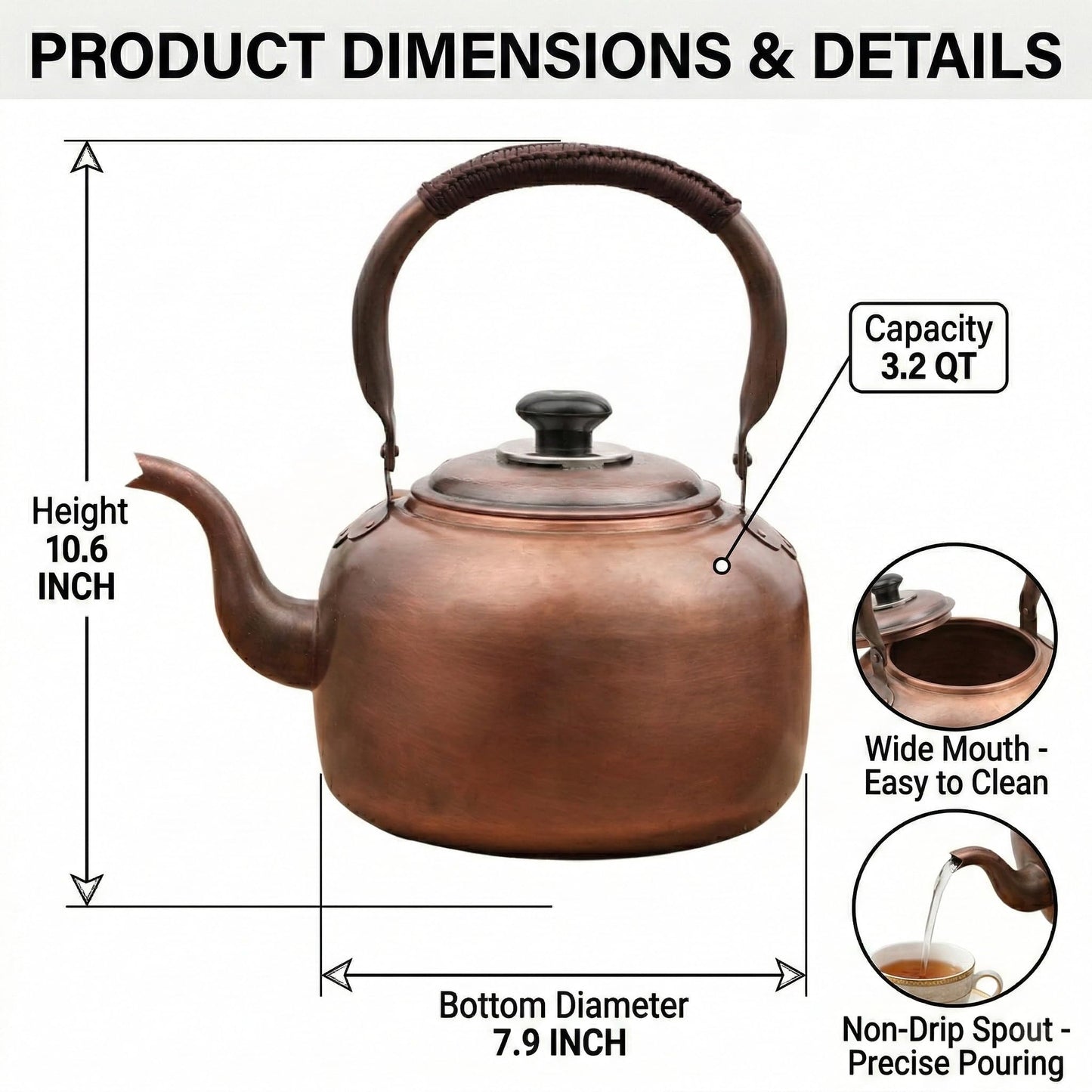 wloadry Copper Whistling Tea Kettle, Large Capacity with Cool-Touch Rope Handle,thicker Solid Copper Pot for Induction, Gas, Electric Stovetops, Fast Boiling Vintage Tea Maker (Bronze, 3.2 QT)