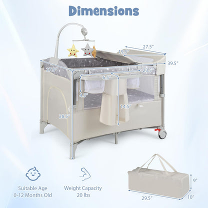 BABY JOY 5-in-1 Pack and Play, Portable Baby Bedside Sleeper with Bassinet, U-Shaped Diaper Changer, Safety Strap, Side Zipper Entrance, Hangings, Bedside Crib Playard from Newborn to Toddlers (Beige)