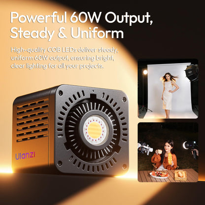 ULANZI C60RGB 60W RGB COB Video Light, Mini Bowens Portable LED Photography Continuous Output Lighting 2500K–6500K CRI≥95 20 Effects 3300mAh Rechargeable Handheld Spotlight with 1/4" Thread, DC/Type-C