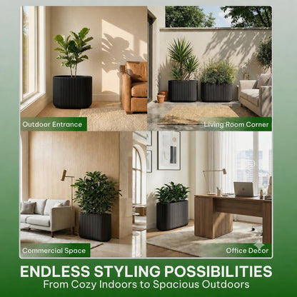 Wil & Vic 89s 15" H x 24" L Sirius Fiberglass Planter, Round Indoor and Outdoor Plant Pot with Drainage Hole, Lightweight, Durable Minimalist Home, Included Extra Coco Mats, Black