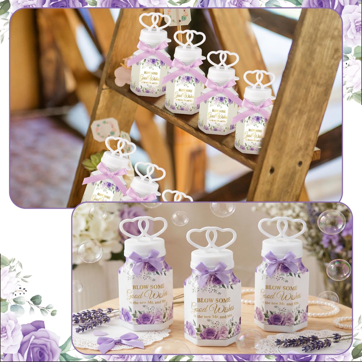 LaRandom 150 Pcs Purple Floral Wedding Bubbles Bulk with Bubble Solution Wedding Mini Bubble Gifts Mini Heart Wand for Anniversary, Engagement, Bridal, Valentine's Day, Gift for Adult Couple
