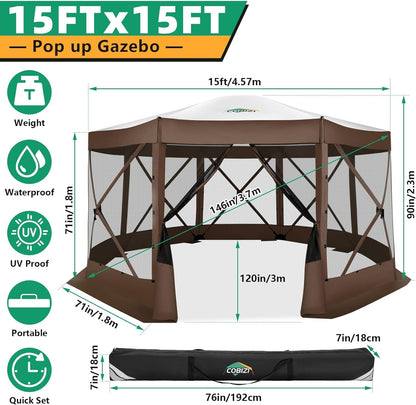 COBIZI Pop Up Gazebo Screen Tent Screen House for Camping, 15x15 Screen Room with Mosquito Netting, Hub Tent Instant Screened Canopy with Carrying Bag and Ground Stakes, Brown