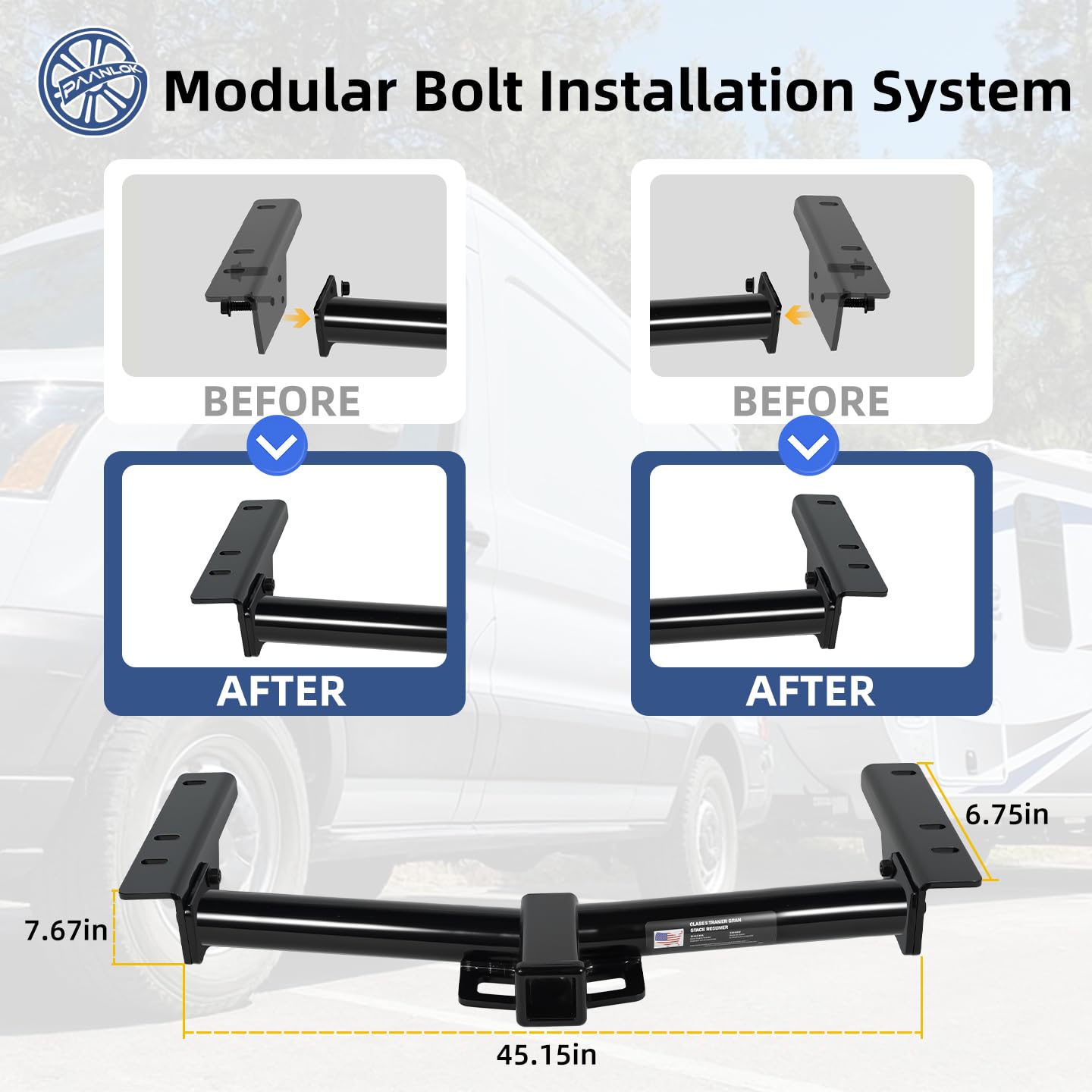 Paanlok Class 3 Trailer Hitch for 2015-2025 Ford Transit 150/250 & 2015-2024 Transit 350, 2022-2024 E-Transit | 8,000LBS Weight Distribution, Bolt-On 2 Inch Receiver, Heavy Duty Carbon Steel