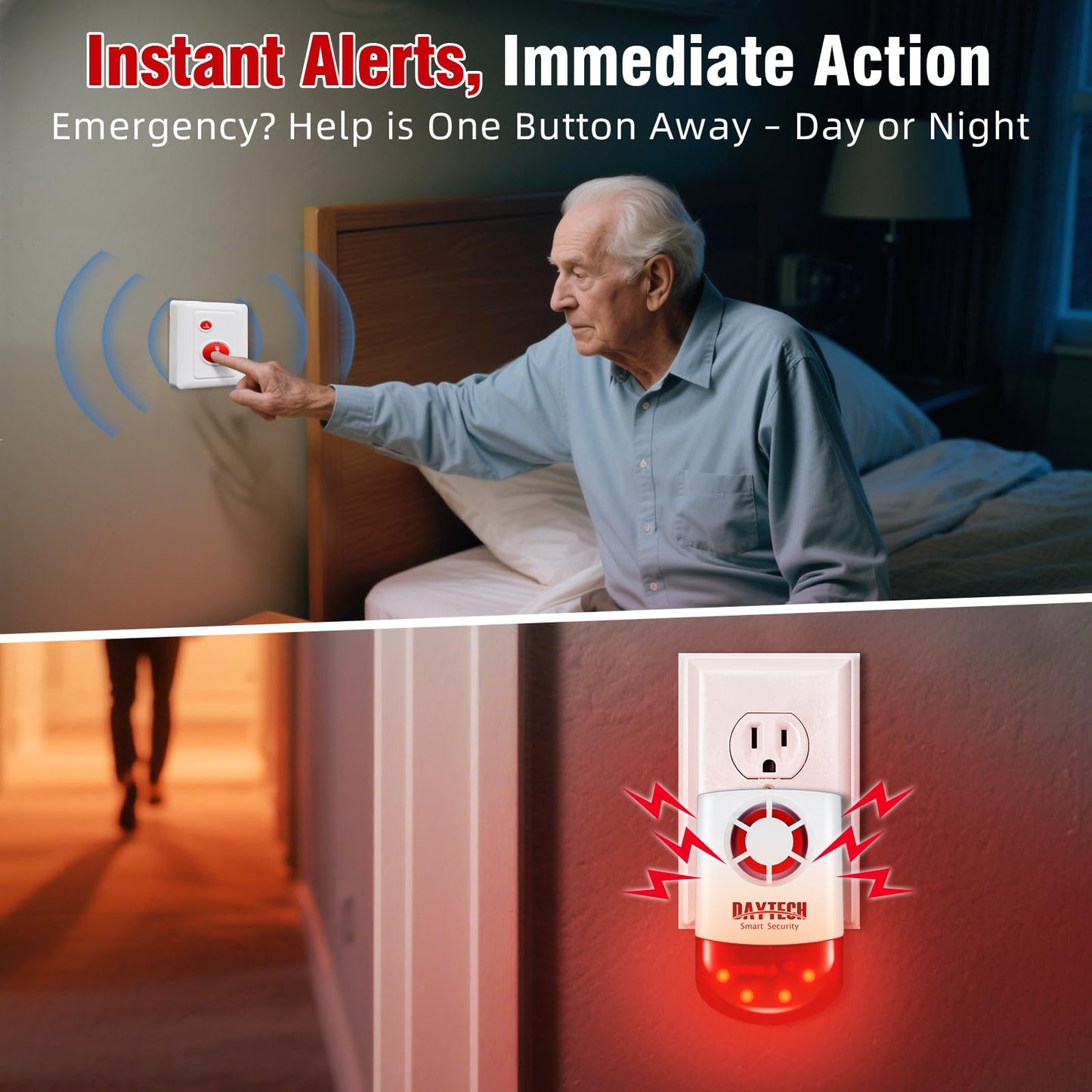 Daytech Panic Alarm Button-Strobe Siren Alarm with Light for Home Caring, 500ft Range, Loud Outdoor SOS Alert System with 2 Red Flashing Siren & 4 Panic Button for Store/Hotel/Jewelry/Shop Security