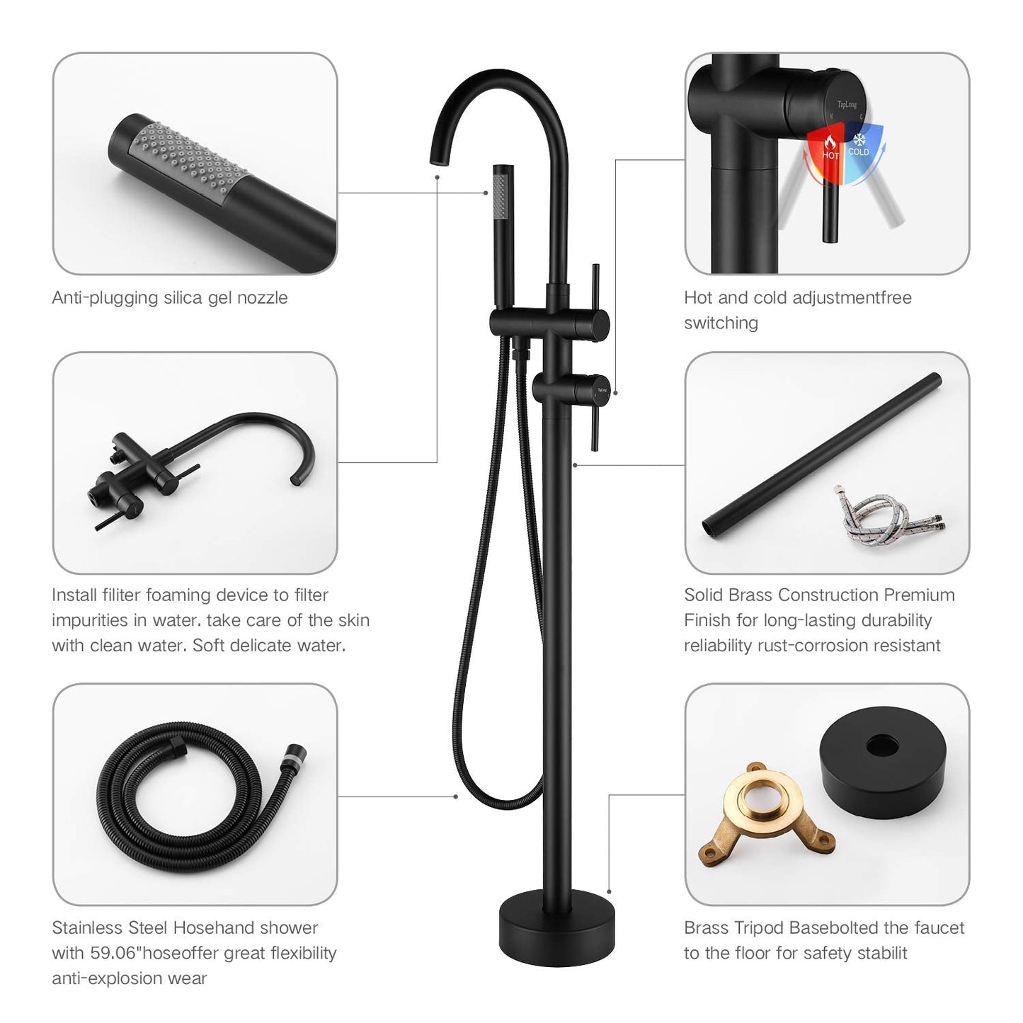 Taplong Matte Black Freestanding Tub Filler Faucet, Floor Mount Bathtub Faucet with Single Handle Handheld Shower, High Flow Bathroom Tub Faucet-51005B