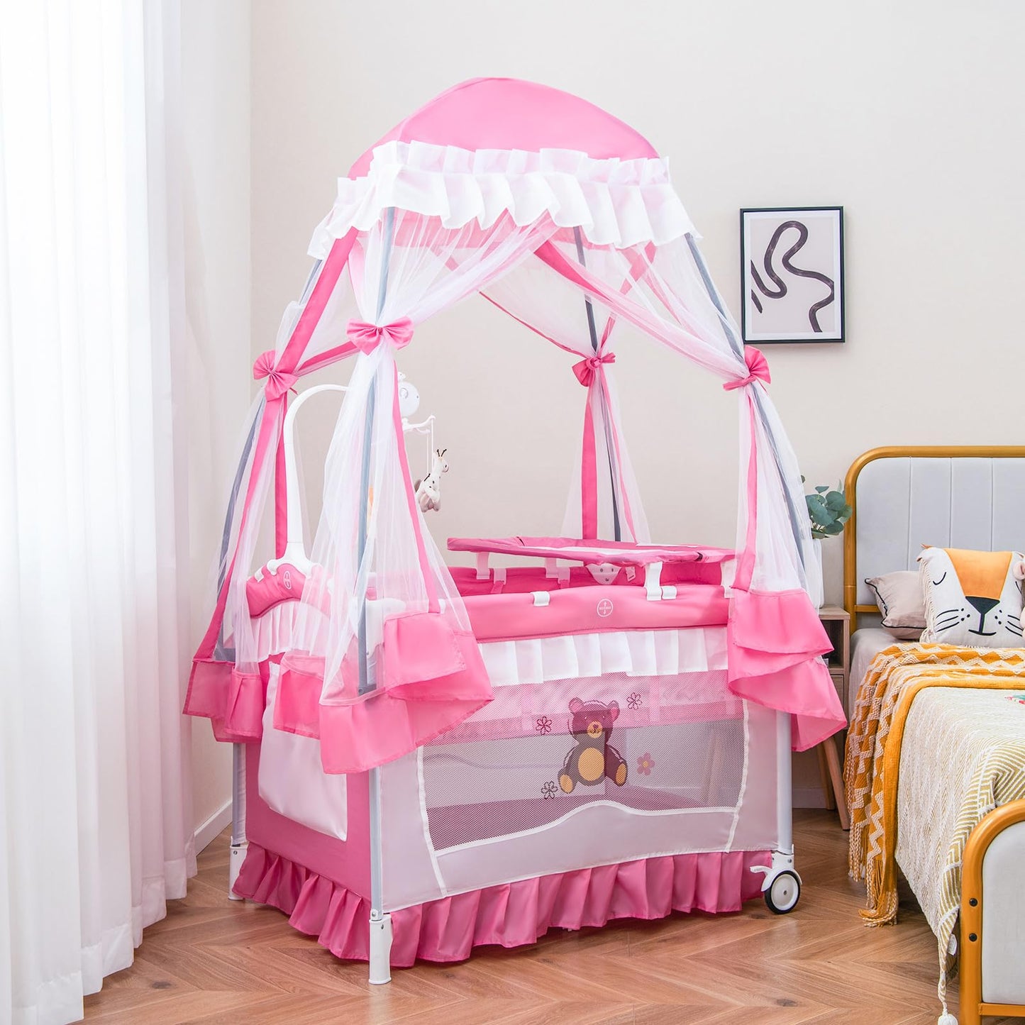 HONEY JOY 4-in-1 Pack and Play with Canopy, Portable Baby Playard w/Changing Table and Infant Bassinet, Cute Toys & Music, Foldable Bassinet for Newborn and Toddler (Hot Pink)