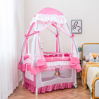 HONEY JOY 4-in-1 Pack and Play with Canopy, Portable Baby Playard w/Changing Table and Infant Bassinet, Cute Toys & Music, Foldable Bassinet for Newborn and Toddler (Hot Pink)