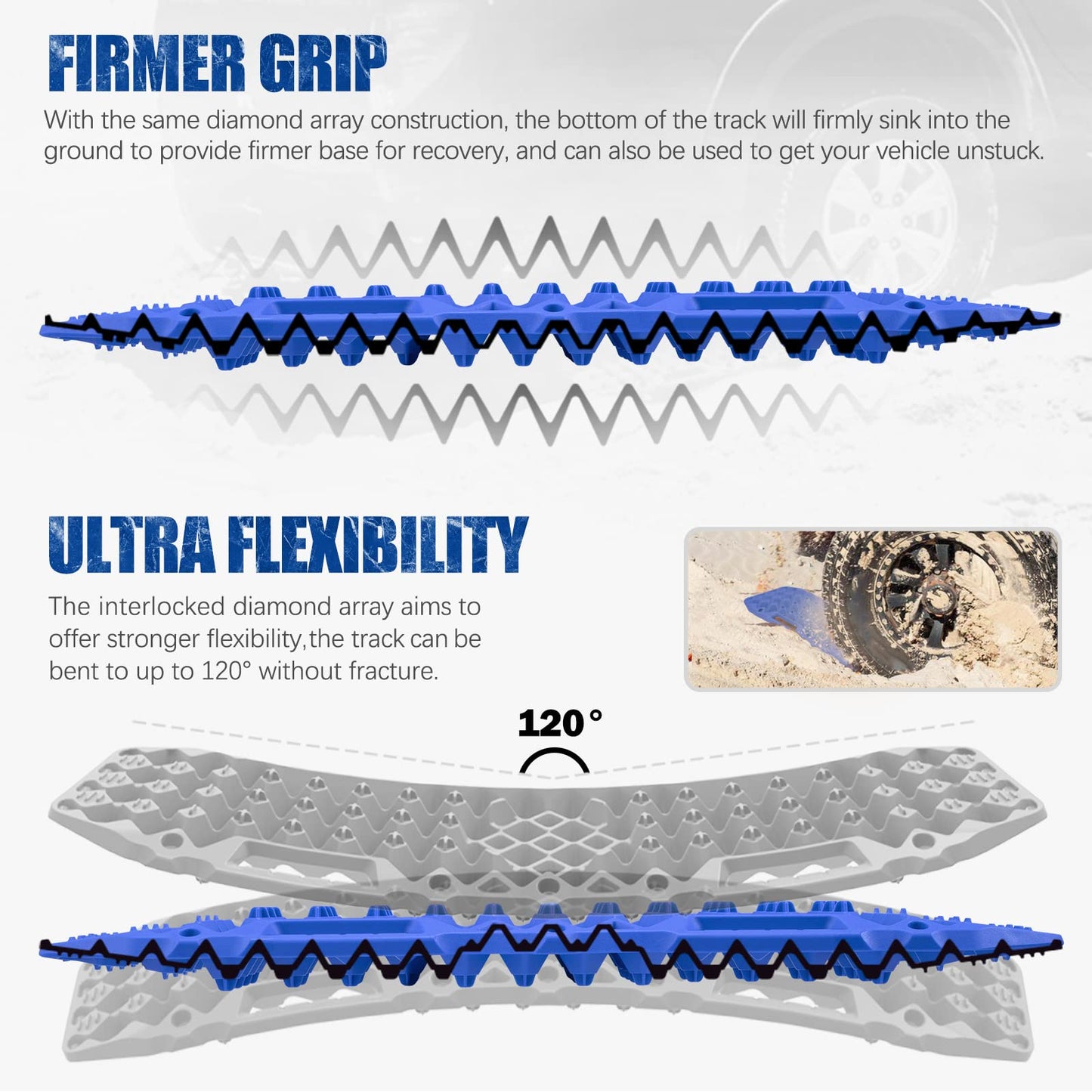 BUNKER INDUST Off Road Traction Boards (Gen 10) Blue + 1"×30ft Kinetic Recovery Rope with 2 Soft Shackles Kit