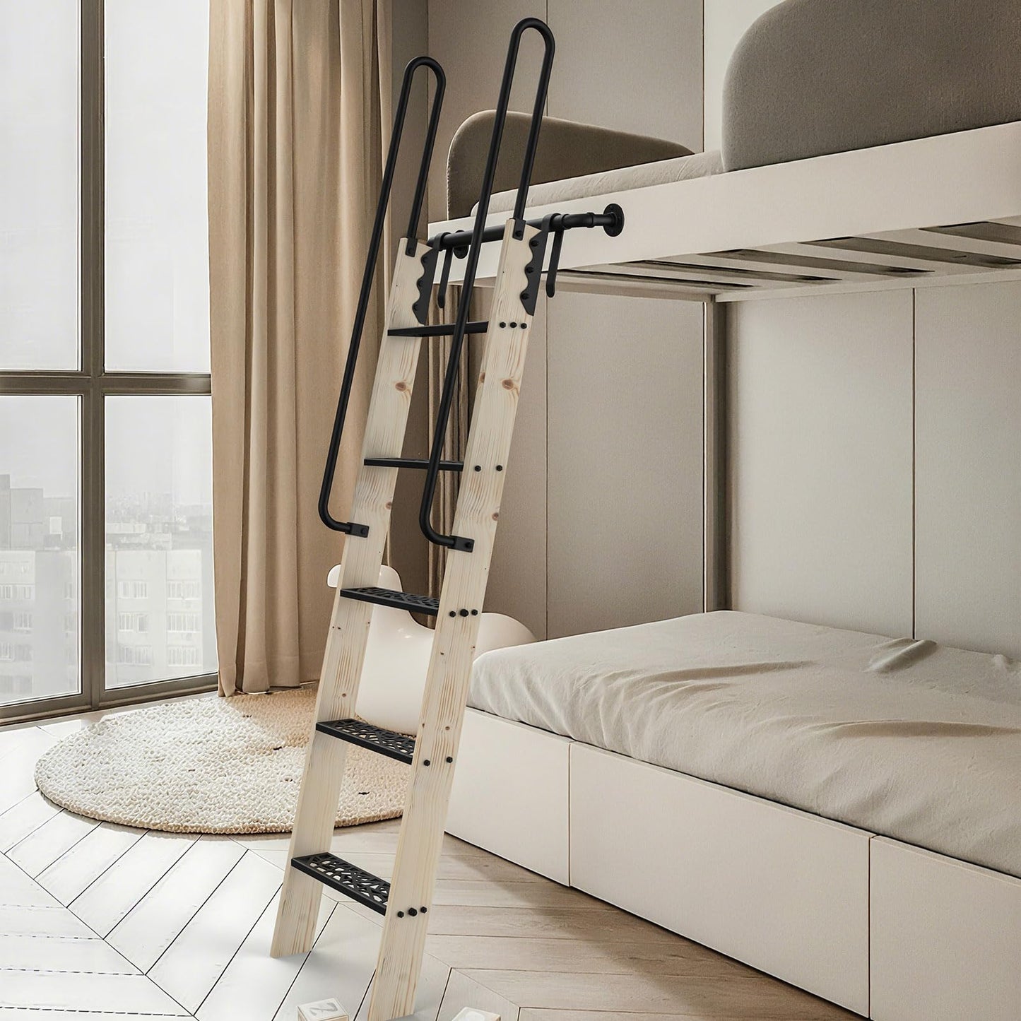 LKCBITION 60inch Knotty Pine Wood Library Ladder with Black Metal Step and Handle, Includes 24inch Rustic Black Wall Mount Pipe Railing with Hooks(Suitable Installation Height 58-3/4")