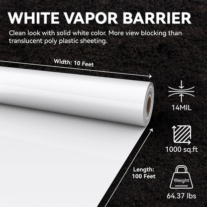 Spirecover Crawl Space Vapor Barrier - 14 Mil White Vapor Barrier, 10' x 100', Heavy Duty Polyethylene Film, Thick Plastic Sheeting, Plastic Drop Cloth Covering for Crawl Space, Basement
