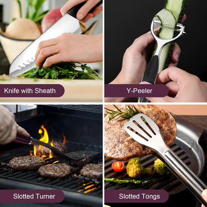 Odoland 8 Pcs Camping Cookware Utensils Travel Set, Camp Kitchen Utensil Organizer with Tongs, Scissors, Cutting Board, Rice Paddle and Water Resistant Case for Backpacking, Outdoor Camping