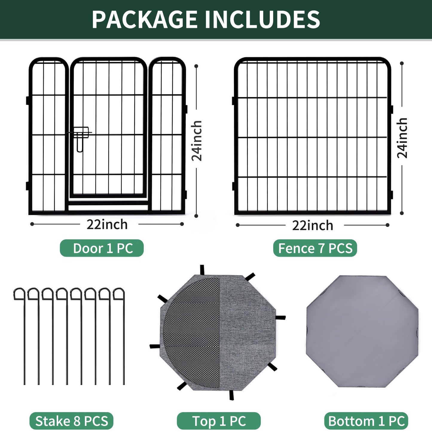 PETIME Dog Playpen,Metal Exercise Puppy Pen Heavy Duty Kennels Yard Fence Indoor/Outdoor 22" W x 24" H 8 Panels Dog Cage with Octagon Top Cover and Bottom Pad