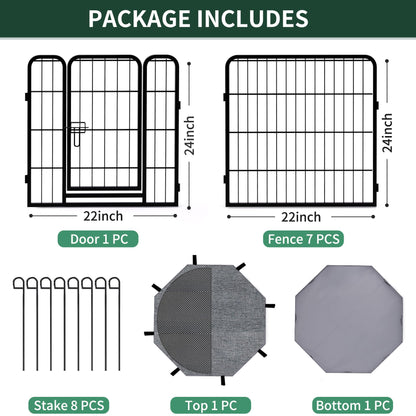 PETIME Dog Playpen,Metal Exercise Puppy Pen Heavy Duty Kennels Yard Fence Indoor/Outdoor 22" W x 24" H 8 Panels Dog Cage with Octagon Top Cover and Bottom Pad