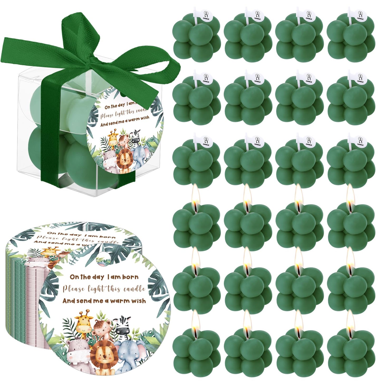 MTLEE 24 Sets Jungle Animal Baby Shower Favors Small Bubble Candle Baby Shower Favors for Guests Tea Candles Bulk with Stylish Ribbons Cards Gifts Party Decoration
