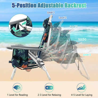GYMAX Beach Chairs, Backpack Camping Chair with Armrest, Cooler Bag, Cup Holder, Towel Bar & Side Pockets, Sunbath Sling Tanning Lounge, Folding Layout Chair (Without Table, Flower)