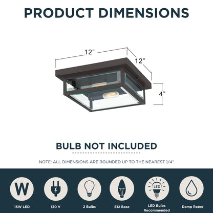 Quoizel Westover 12" Outdoor Flush Mount Ceiling Light, 2-Light Western Bronze with Clear Beveled Glass, E12 Base, ETL Damp Rated