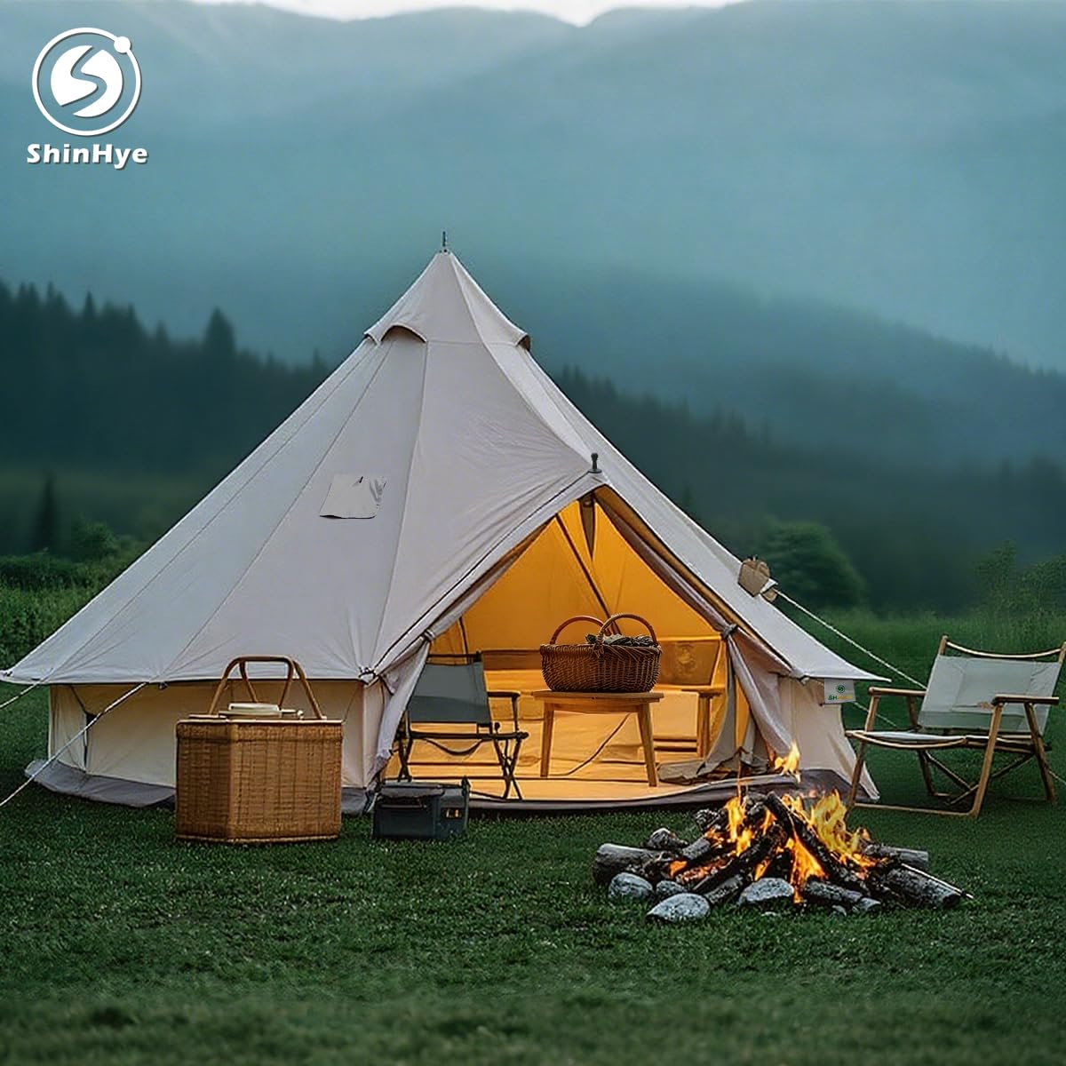 ShinHye Canvas Bell Tent Yurt Tent 4 Seasons for Camping 100% Cotton Glamping Tents with Stove Jack, Family Camping Outdoor Hunting Party (3M- 9.8FT)