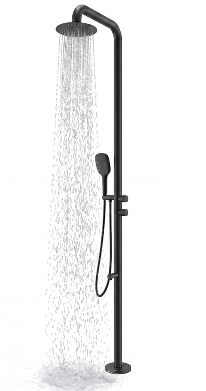 WCQQ 316 Stainless Steel Outdoor Floor Shower with 3 Functions, Matte Black Freestanding 10" Headshower & Handheld Shower for Backyard Patio Relaxation/Easy Garden Clean