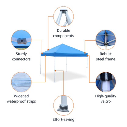 Amazon Basics Outdoor Pop Up 10 x 10 Canopy Tent for Events, Portable with Easy Setup, Sun Shelter for Outdoor Activities, Includes Wheeled Carry Bag, 8 Pegs, 4 Ropes, 4 Weighted Bags, Blue