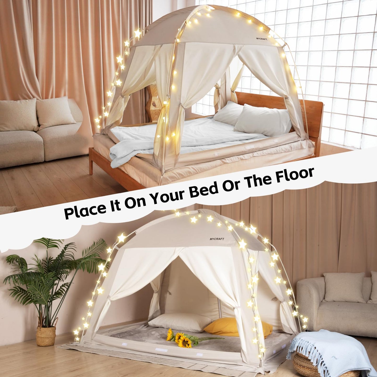 Bed Tents Canopy Bed–Privacy Dream Tent for Cozy Indoor Sleeping, Light-Reducing,and Breathable, with 4 Doors Floor Tent Bed–Available in Twin, Full, and Queen Sizes (Gray, Queen)