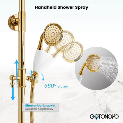 gotonovo Bathroom Exposed Shower Faucet Outdoor Shower System 8 Inch Rainfall Shower Head Set with Tub Spout and Handheld Spray Double Cross Handles Wall Mount without Shower Shelf Polished Gold