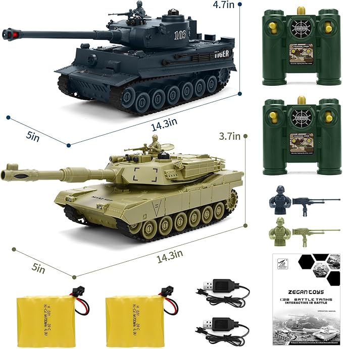 RC Battle Tank Set 1/28 Scale Remote Control Tank with Infrared Shoot Sounds Lights M1A2 Abrams &amp WW2 German Tiger Army Tanks Military Toy for Kids Aged 6 to 12