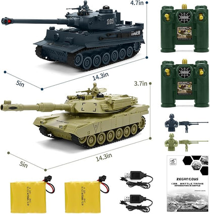 RC Battle Tank Set 1/28 Scale Remote Control Tank with Infrared Shoot Sounds Lights M1A2 Abrams &amp WW2 German Tiger Army Tanks Military Toy for Kids Aged 6 to 12