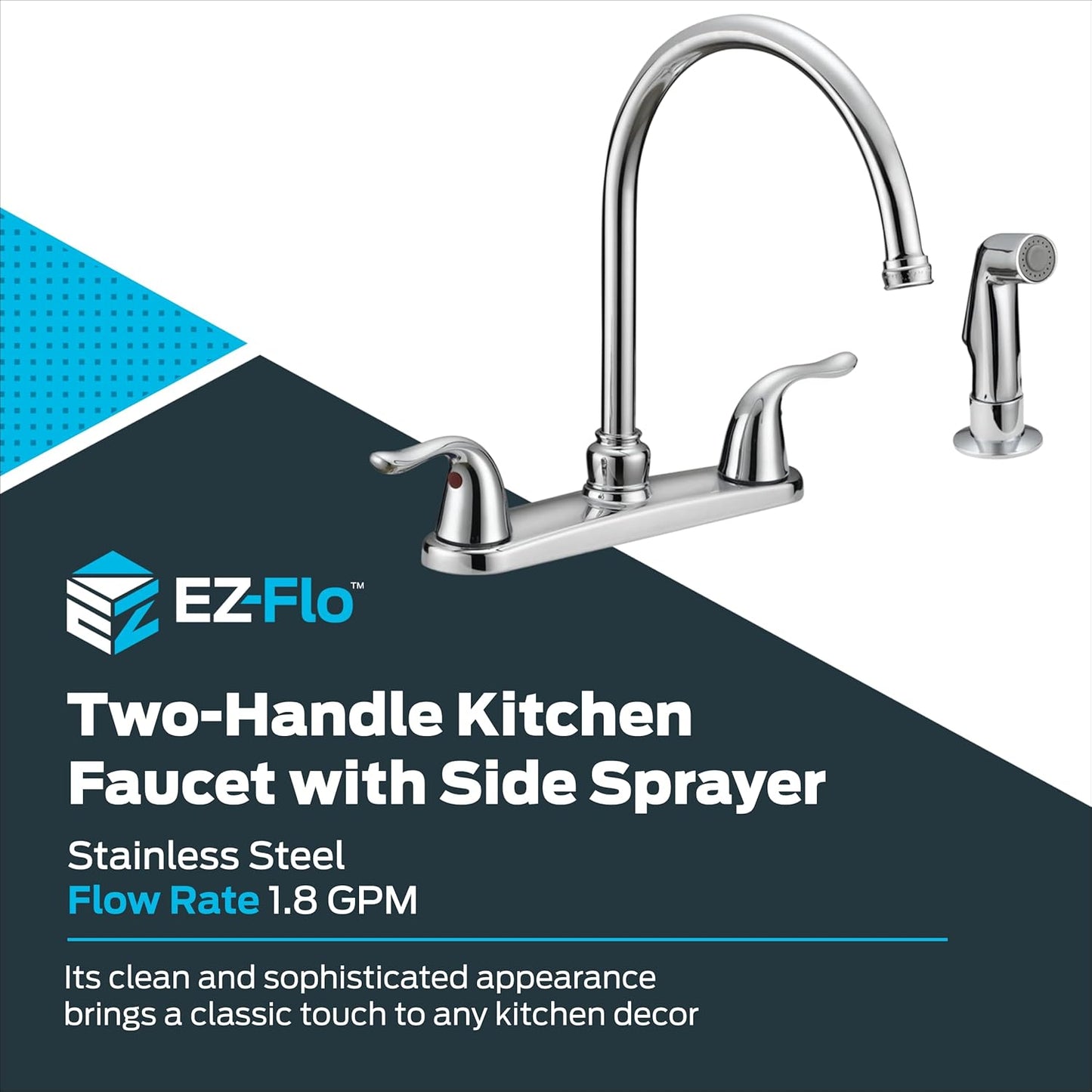 EZ-FLO Two-Handle High-Rise Kitchen Faucet with Sidespray, Stainless Steel, EZ-10203
