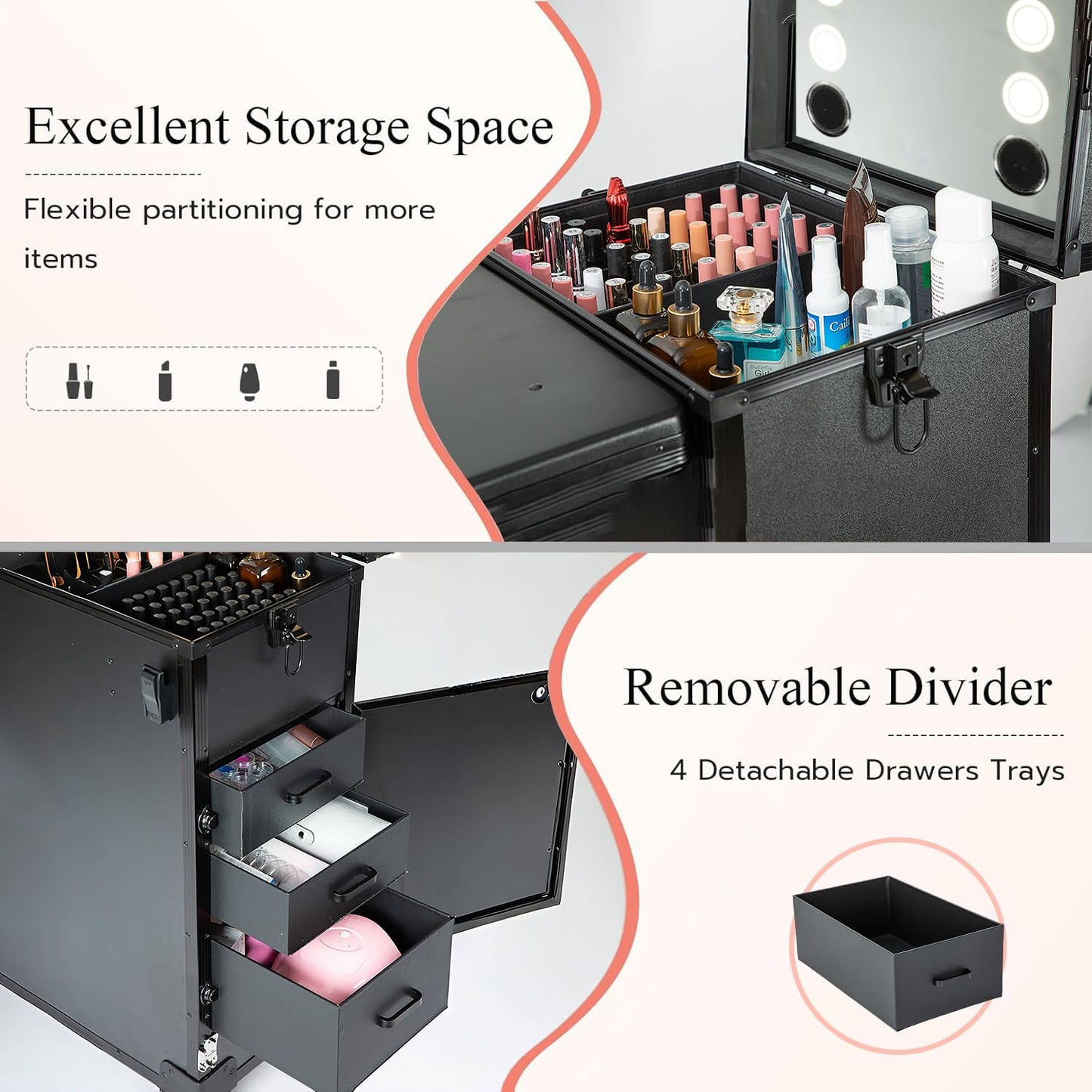 Gdsshuhung Portable Nail Desk with LED Mirror, Heavy Duty Foldable Manicure Table with 3 Drawers, Rolling Makeup Train Case Cosmetology Trolley on Wheels, Mobile Nail Tech Workstation (Black)