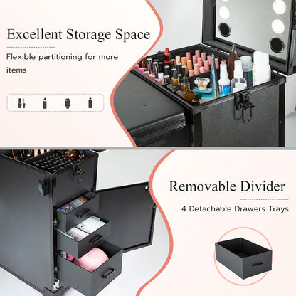 Gdsshuhung Portable Nail Desk with LED Mirror, Heavy Duty Foldable Manicure Table with 3 Drawers, Rolling Makeup Train Case Cosmetology Trolley on Wheels, Mobile Nail Tech Workstation (Black)