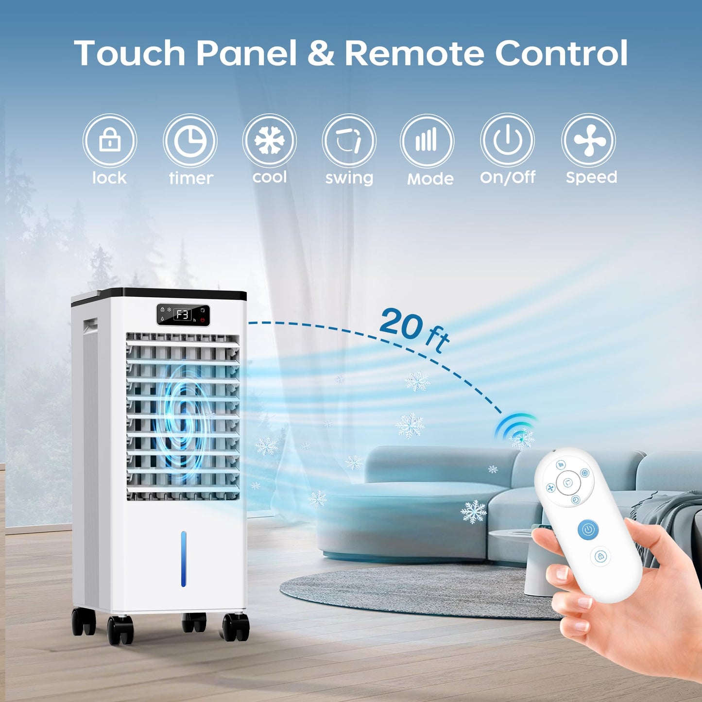 Ashihoti Official Evaporative Air Cooler, 4-IN-1 Portable Air Conditioners, Swamp Cooler, 3 Speeds & 4 Modes, 2-Gal Tank for Cooling, 16 FT/S Remote Control, Windowless Air Conditioners for Indoors