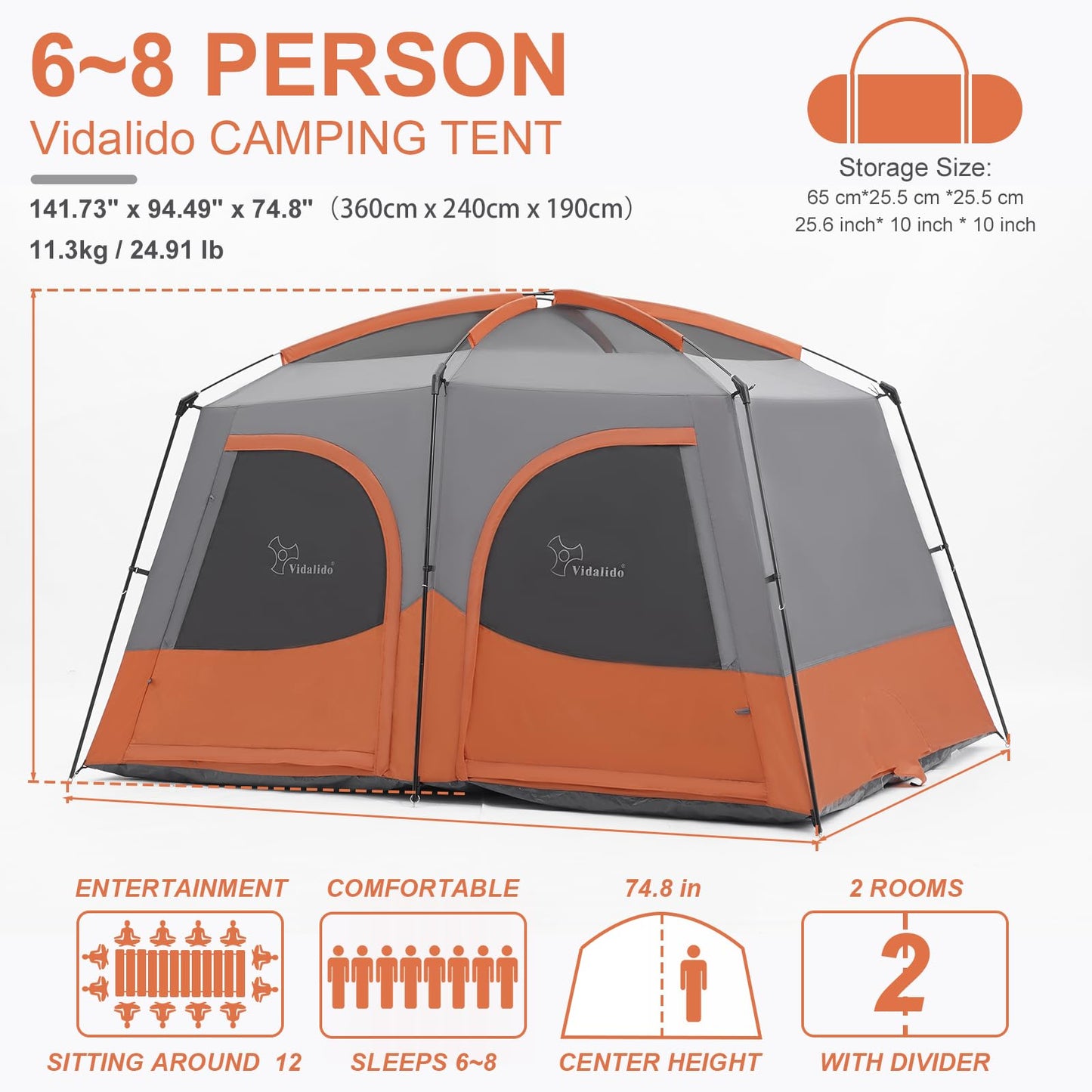 Vidalido Tents，6-8 Person Camping Tent with Extended Vestibule，2 Room Weather Resistant Family Tents，Easy Install Waterproof Outdoor Tent for Backpacking and Camping Hiking