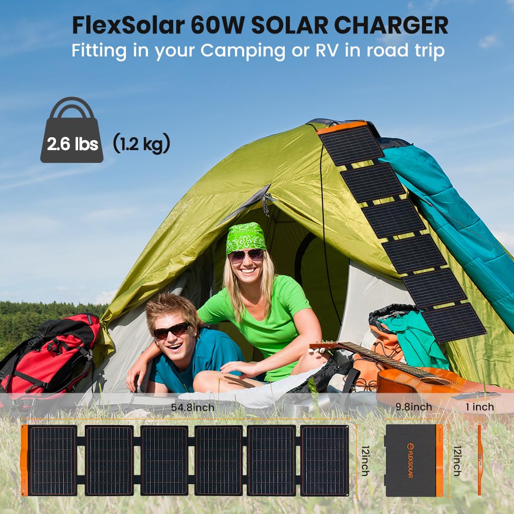 FlexSolar 2PCS 60W Portable Solar Panels Chargers with PD3.0 USB-C,QC3.0 USB-A and DC Outputs Foldable IP67 Waterproof Power Emergency Camping for Small Power Station Generator,Phones, Power Banks