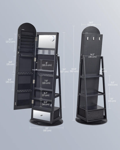 SONGMICS 360° Swivel Jewelry Cabinet, Full-Length Arched Mirror with LED Lights, Magnifying Mirror, Storage Shelves, Drawer, Ink Black UJJC030BC01