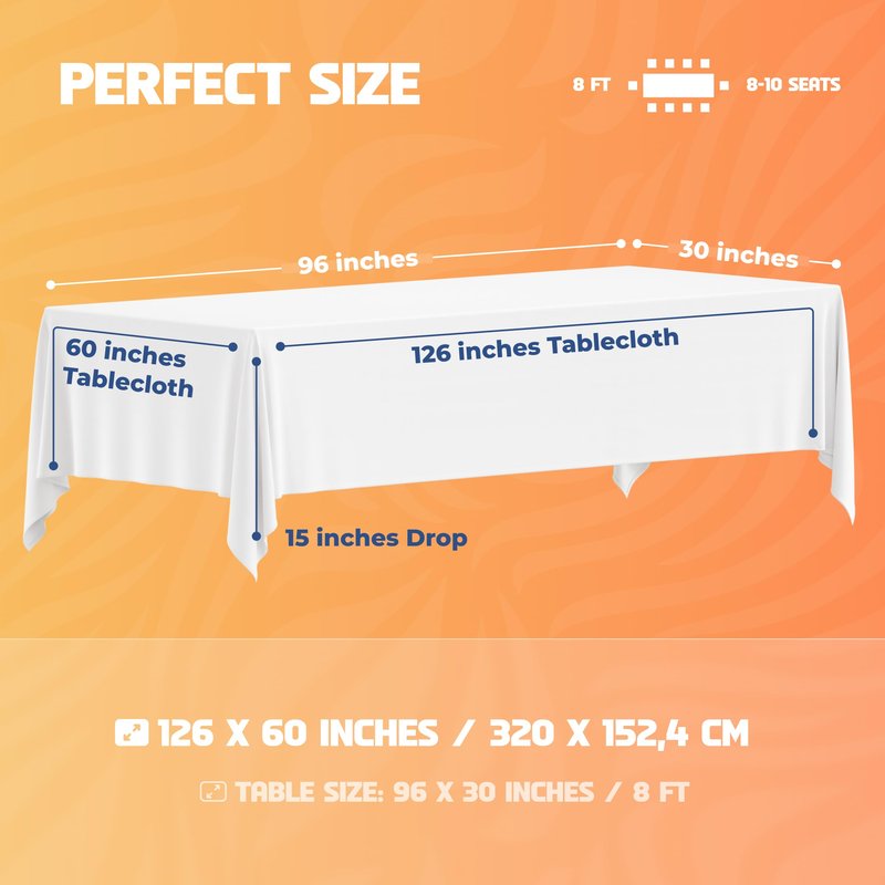 WEALUXE White Table Cloths for 8 Foot Rectangle Tables, 2-Pack, 60x126 inches, Water, Stain and Wrinkle Resistant, 200 GSM Washable Poly Fabric Tablecloths Rectangular, Elegant and Durable