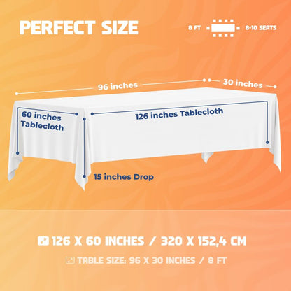 WEALUXE White Table Cloths for 8 Foot Rectangle Tables, 2-Pack, 60x126 inches, Water, Stain and Wrinkle Resistant, 200 GSM Washable Poly Fabric Tablecloths Rectangular, Elegant and Durable